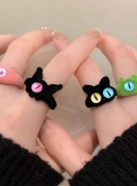 新款植绒小怪兽卡通戒指女可爱甜美百搭搞怪开口指环闺蜜情侣食戒