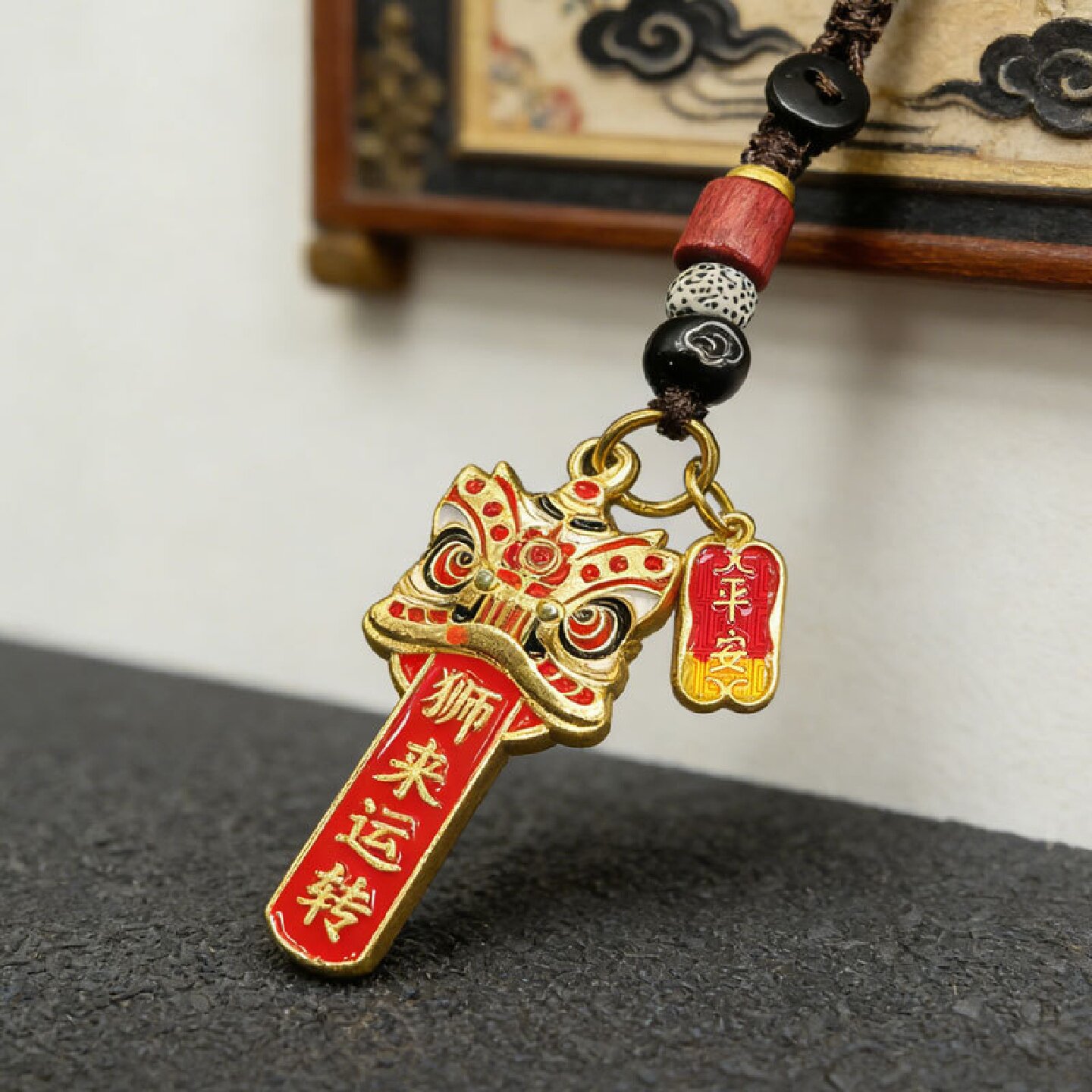 狮来运转汽车钥匙扣挂饰小礼品复古国潮国风创意醒狮狮子头招财令
