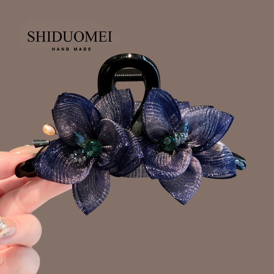 高端手作铜丝水晶藏蓝花朵抓夹