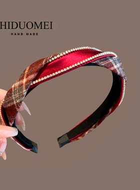 法式复古红色格纹高颅顶发箍精致水钻麻花辫头箍时尚百搭发卡头饰