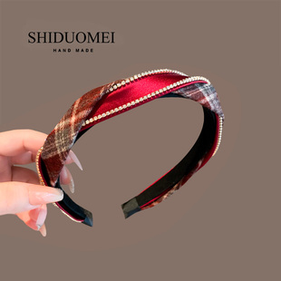 法式复古红色格纹高颅顶发箍精致水钻麻花辫头箍时尚百搭发卡头饰