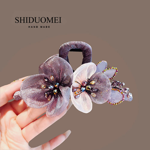 高级感网纱花朵抓夹气质水晶后脑勺盘发鲨鱼夹优雅时尚抓夹