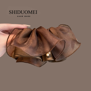 韩系复古水钻咖色裙摆发夹高端精致蓬松网纱弹簧夹半扎一字夹顶夹