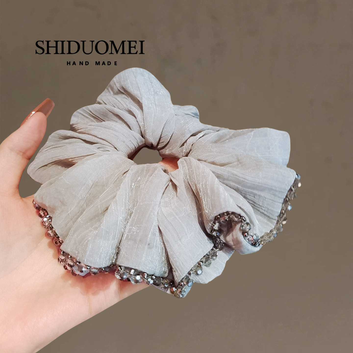 轻奢高级感亮丝灰色水晶串珠发绳高端精致扎马尾头绳洋气头花发饰