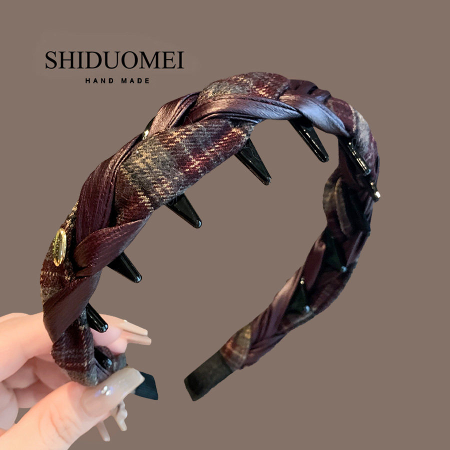 2025新款复古格纹红皮质撞色头箍