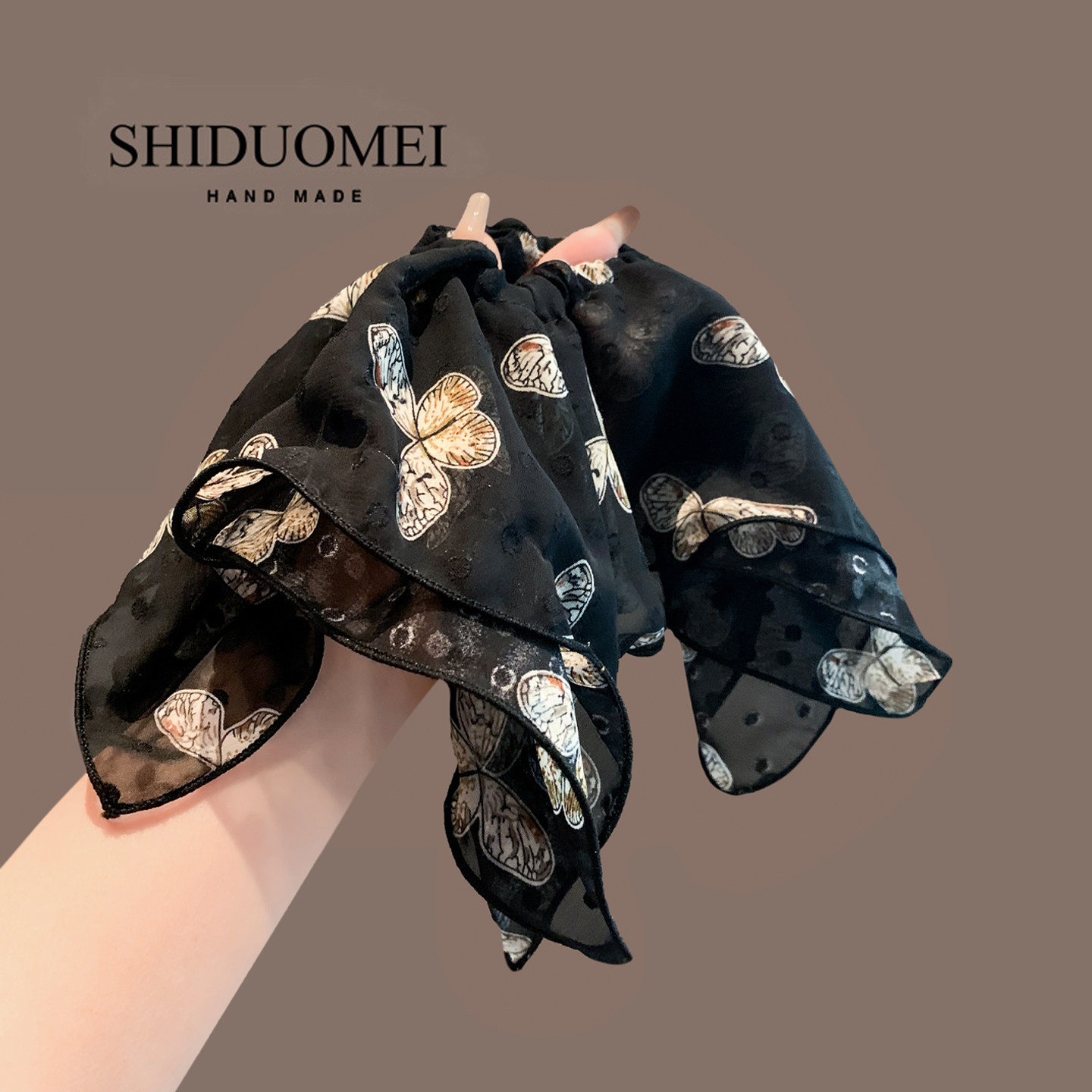 法式超仙印花蝴蝶方巾大肠发圈女轻纱飘逸扎马尾头绳发绳头花发饰