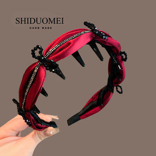 高定款水钻缎面红色发箍高端立体水晶蝴蝶结头箍增高防滑带齿发卡