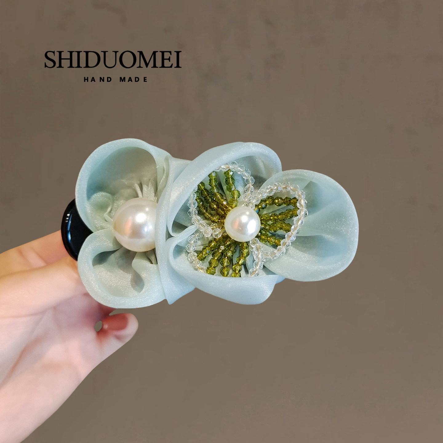 高级感清新绿欧根纱水晶花朵发夹