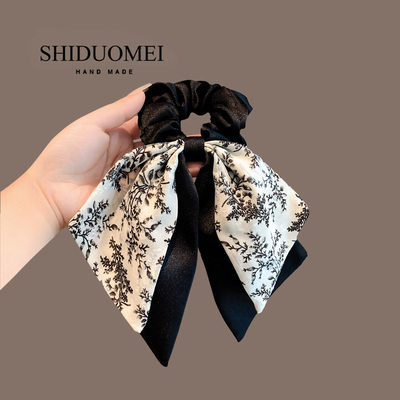 2025早春新款碎花蝴蝶结飘带发圈洋气绑发头绳气质扎低丸子头皮筋