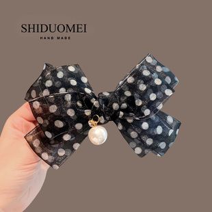 轻盈雪纺黑白波点网纱蝴蝶结发夹气质后脑勺顶夹半扎发横夹一字