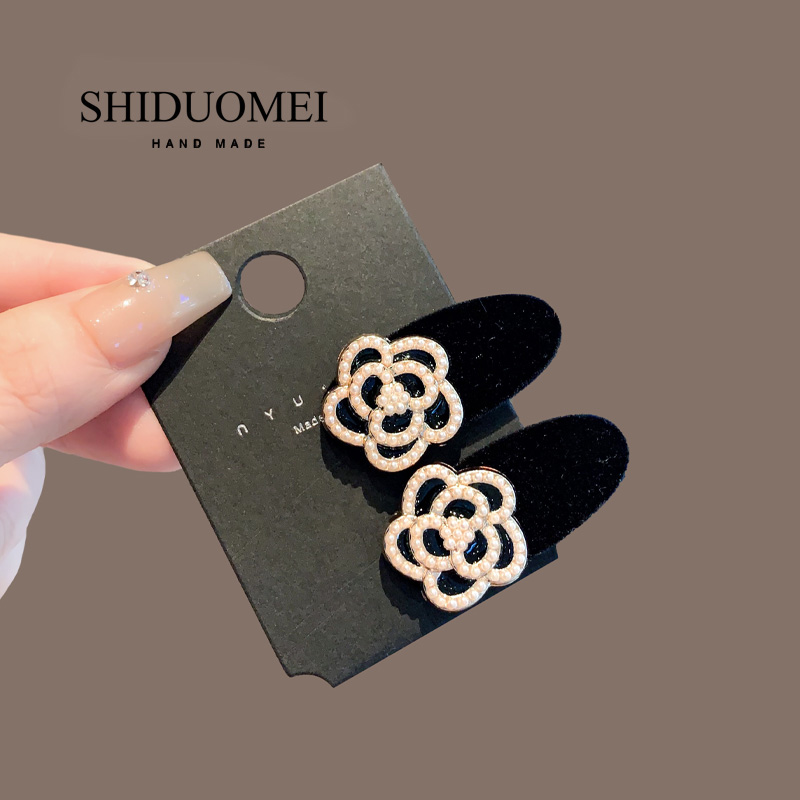 小香风复古珍珠山茶花发夹植绒一字夹百搭侧边夹一字夹碎发夹头饰