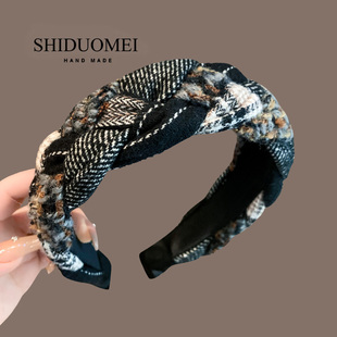 秋冬复古格纹撞色麻花辫发箍百搭洋气增高炉顶头箍气质显脸小发卡