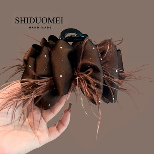 梦影咖色细闪精致蝴蝶结抓夹氛围超仙羽毛发夹百显发量盘发鲨鱼夹