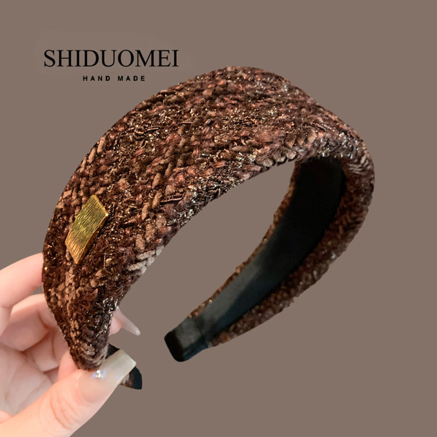 极简风金标棕色宽边发箍高级感复古毛呢洋气压发头箍显脸小发卡子