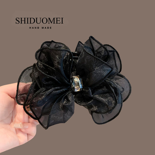 奢华水钻泡泡网纱蝴蝶结抓夹2025年新款后脑勺盘发鲨鱼夹发卡头饰