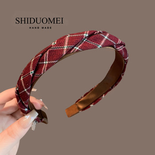 格纹复古红色编织麻花辫头箍法式复古洋气包边新年红色发箍细发卡