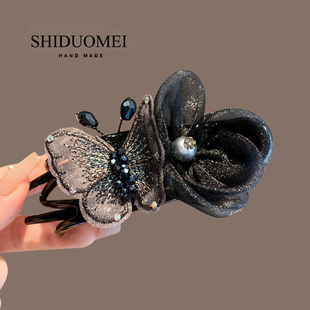 蝶恋花高级感大号盘发鸭嘴夹高端洋气后脑勺发卡顶夹三齿夹鲨鱼夹