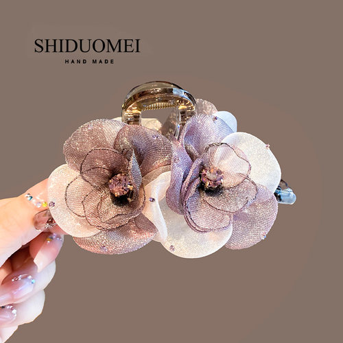 高级感优雅紫网纱花朵大抓夹