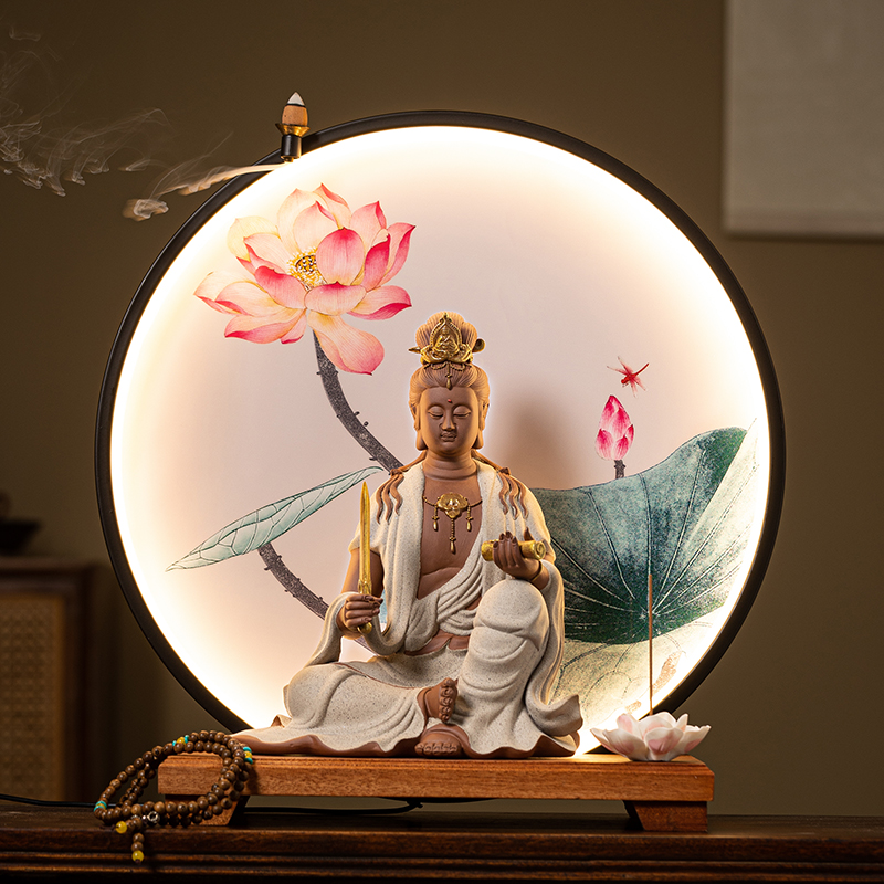 文殊普贤菩萨佛像陶瓷摆件灯华严三圣家用客厅供奉装饰工艺品摆设