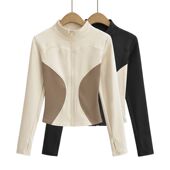 欧美风辣妹立领拉链收腰长袖 瑜伽外套女秋季 休闲显瘦运动上衣