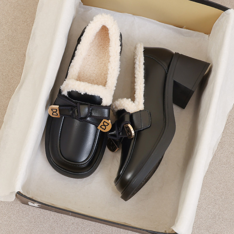 牛皮版~加绒乐福鞋女款2026新款冬季鞋子高跟小皮鞋毛毛保暖棉鞋