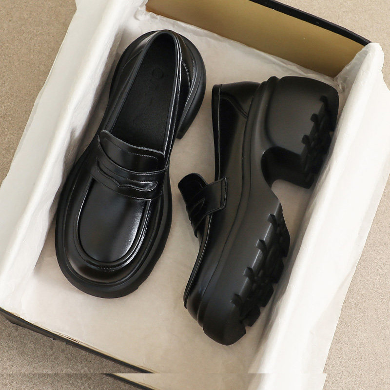 牛皮版~34码小个子英伦小皮鞋女2026新款秋季黑色高跟单鞋乐福鞋