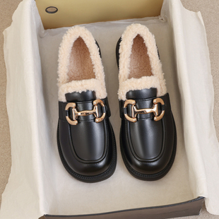 牛皮版~英伦厚底小皮鞋女秋冬加绒乐福毛毛雪地靴大码女鞋41到43
