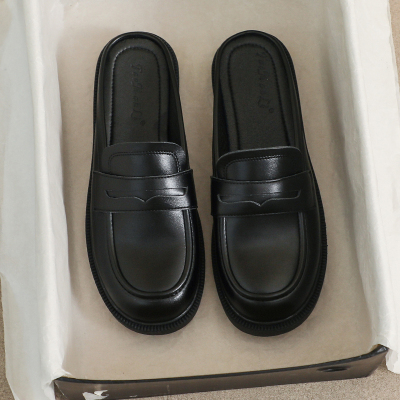 牛皮版~大码41到43女鞋半拖鞋女夏外穿黑色防滑平底配裙子凉拖鞋