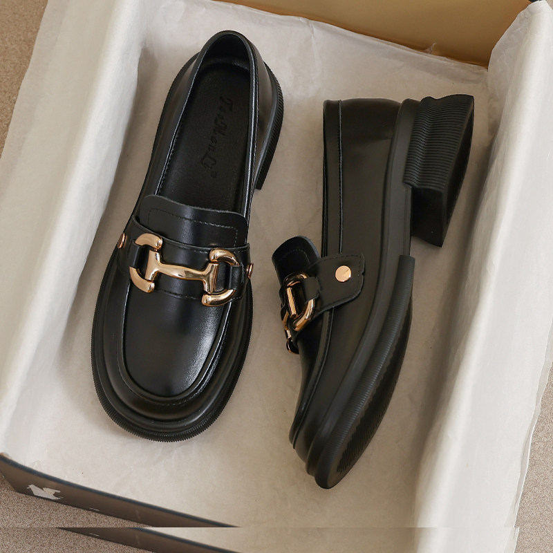 牛皮~大码41到43黑色平底小皮鞋通勤女款2026新款春秋英伦乐福鞋