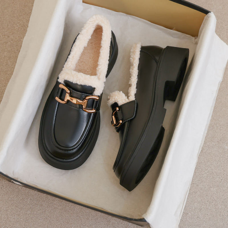 牛皮款~加绒毛毛乐福鞋女大码41到43冬季保暖棉鞋厚底英伦小皮鞋