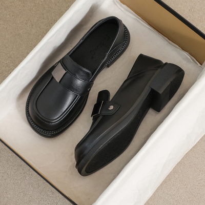 牛皮~大码41到43乐福鞋女款单鞋秋冬黑色英伦风厚底加绒jk小皮鞋