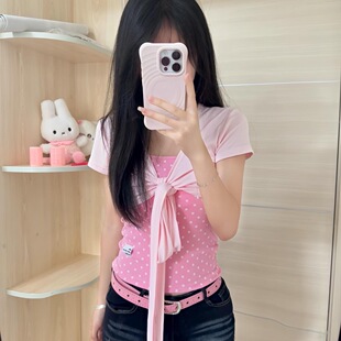 千禧年穿搭y2k吊带两件套女短袖上衣芭比粉色波点修身短款外套ins