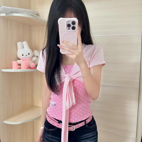 千禧年穿搭y2k吊带两件套女短袖上衣芭比粉色波点修身短款外套ins