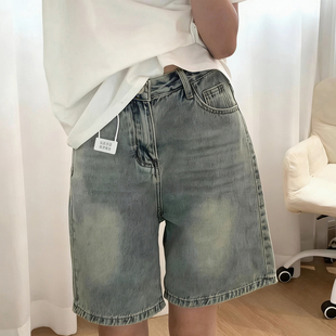 复古水洗宽松直筒牛仔五分裤 中裤 女夏季 高腰显瘦阔腿短裤 新款 美式