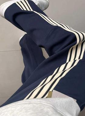 藏青色三条杠直筒卫裤女秋冬季美式潮牌oversize高级感痞帅运动裤