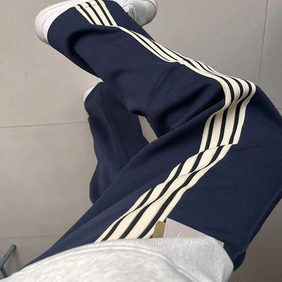 藏青色三条杠直筒卫裤女夏季美式潮牌oversize高级感痞帅运动裤潮
