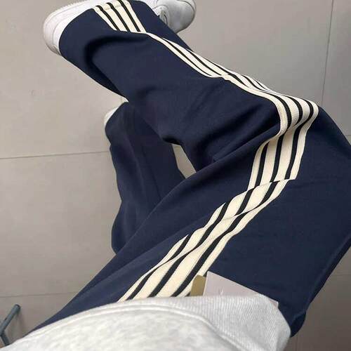 秋冬美式藏青色三条杠直筒卫裤女