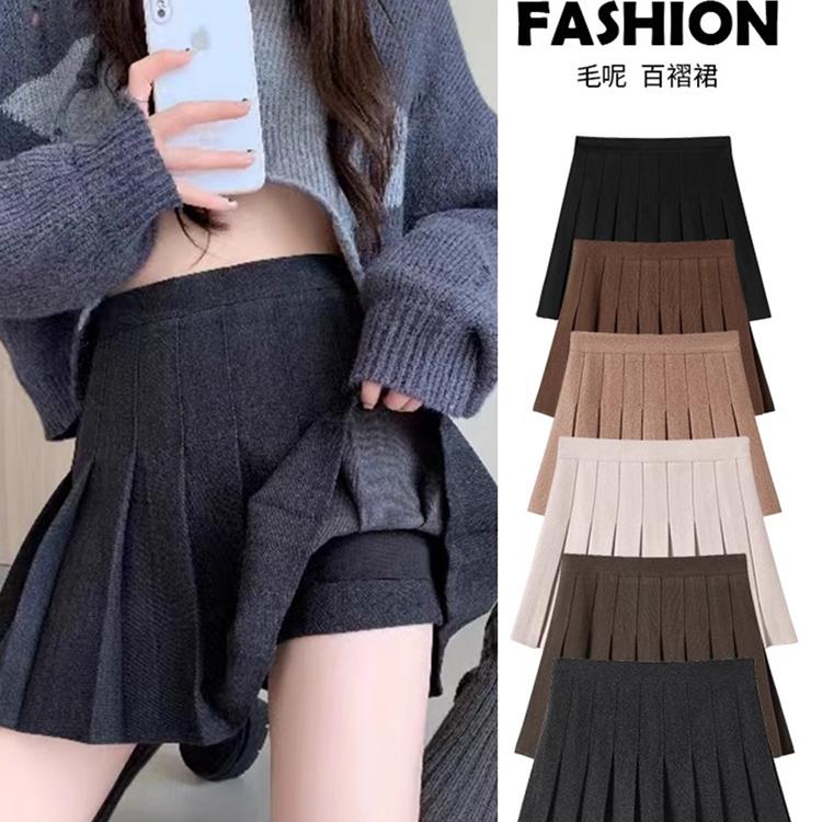 毛呢加厚百褶裙短裙女秋冬新款高腰学生百搭半身裙女a字裙格裙ins