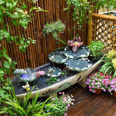 户外庭院摆件循环水系统鱼缸假山水流鱼池竹子荷花款摆件