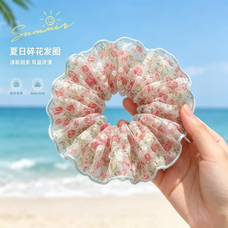 柔软泡泡纱韩式粉色碎花大肠发圈女高级感仙气慵懒风绳发饰超大图片