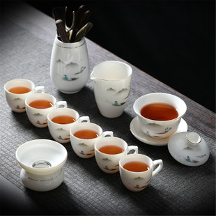 茶具套装2025新款功夫茶杯办公会客防烫带把手羊脂玉白瓷高档精致