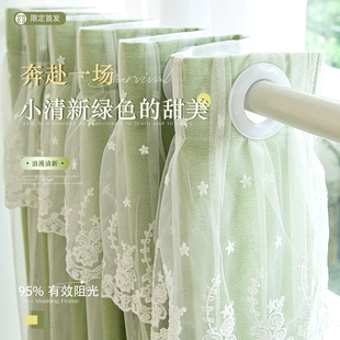 全遮光遮阳免打孔安装送伸缩杆窗帘布纱一体双层带纱卧室少女防晒