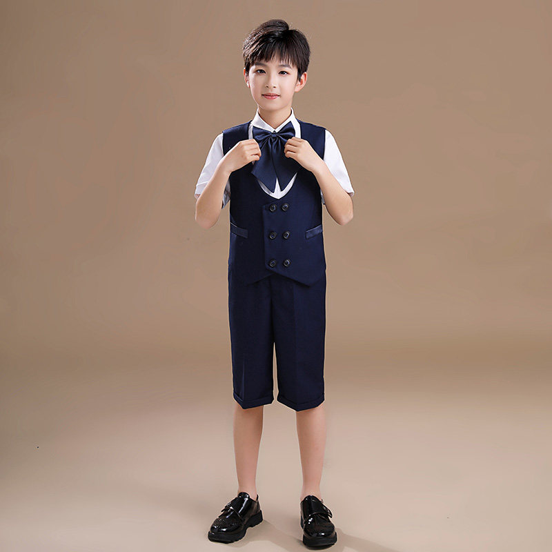 儿童深蓝色钢琴礼服男童马甲短袖衬衫短裤四件套套装合唱演出服春