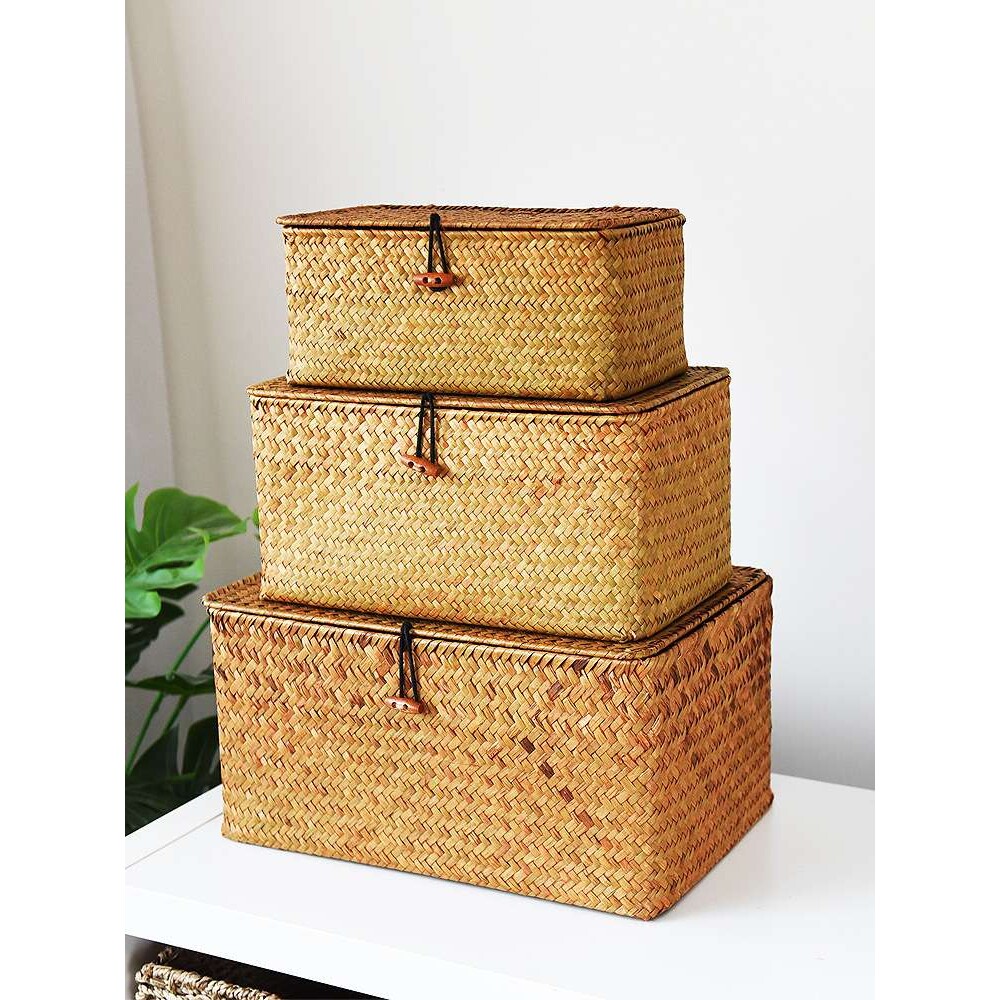 J6DA海草编织篮收纳箱收纳盒整理箱竹篮藤编收纳筐竹编篮带盖藤筐