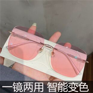 感光变色无边框纯欲白月光网红眼镜女款配近视大框简约有度数墨镜