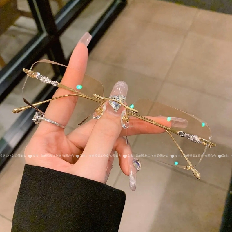 切边无框眼镜近视男时尚配近视有度数超轻钛镜架变色防蓝光平光潮