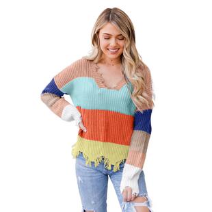 Striped Neck Contrast Stitching Sweater Tattered Womens