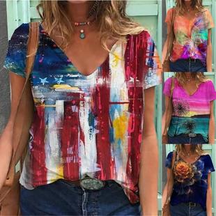 Floral Womens Neck Casual Women Loose Landscape Sleeve