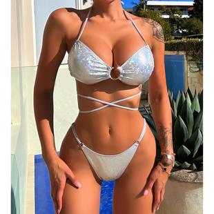swimsuit Womens strappy shiny bikini leather two sexy piece