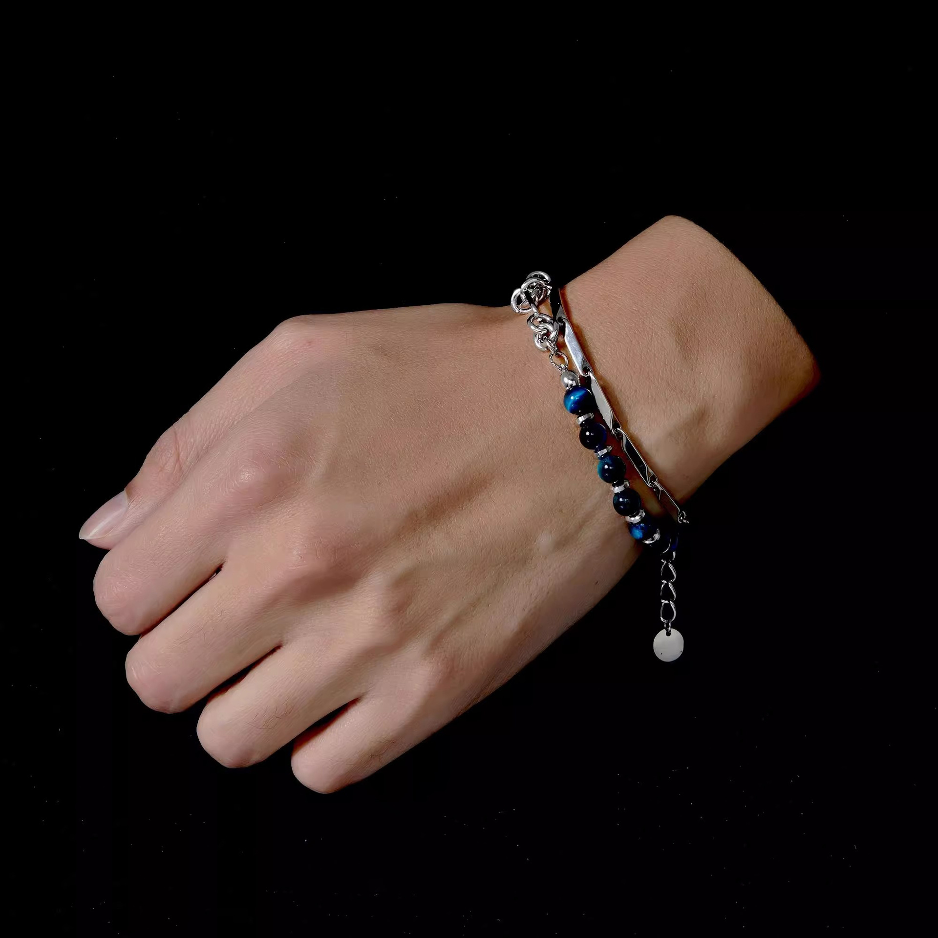 国潮冷淡风蓝色串珠拼接手链莫比乌斯双层叠戴手串男女款情侣猛男